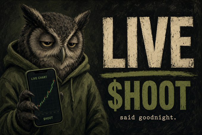 An illustrated image of an anthropomorphic owl wearing a hoodie and holding a smartphone displaying a 'LIVE CHART' with an upward-trending graph and 'SHOOT' label, accompanied by the text 'LIVE $HOOT said goodnight.'