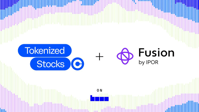 A promotional graphic showing a partnership between 'Tokenized Stocks' and 'Fusion by IPOR' with a colorful soundwave-like background.