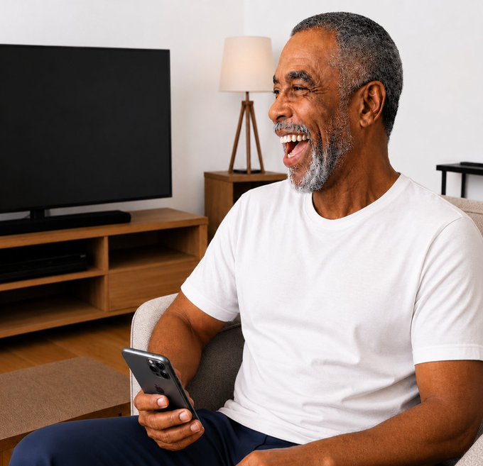 A senior man in a white t-shirt laughs heartily while holding a smartphone in his living room, illustrating the frustration of navigating social media algorithms as expressed in the post. The caption captures the irony of being penalized by platforms like Grok for similar content that others freely repost.