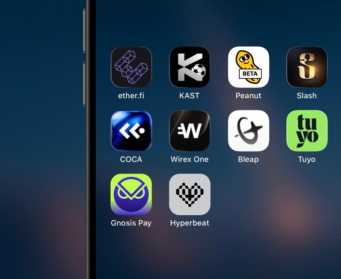 A smartphone home screen displays various app icons including ether.fi, KAST, Peanut (BETA), Slash, COCA, Wirex One, Bleap, Tuyo, Gnosis Pay, and Hyperbeat.