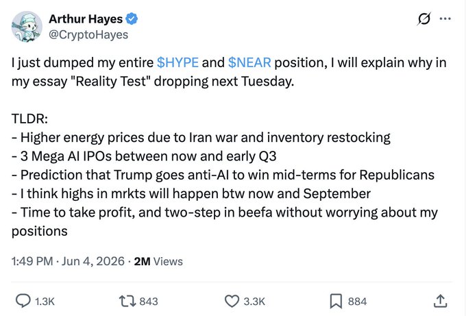 A social media post features an author named Arthur Hayes discussing an investment opportunity involving Bitcoin. The Twitter post talks about selling a $HYPE position, which means that Arthur Hayes bought all of his shares at $72 per token and made a profit by selling them for more than he paid for them. The author also reveals that this is their first time selling an asset like Bitcoin and explains the process they followed in making the investment decision.