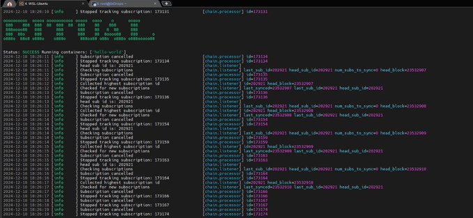 A terminal window displaying logs with the header 'RITUAL' and 'ROMA' in green ASCII art, showing status messages about subscription tracking.
