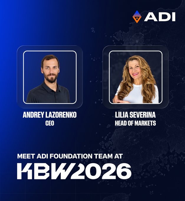 The promotional graphic features headshots of Andrey Lazonrenko (CEO) and Lilia Severina (Head of Markets) against a dark blue ADI Foundation-branded background, announcing that the team will attend KBW2026 (Korea Blockchain Week 2026). The image visually introduces the two executives who will be meeting stakeholders in Seoul to discuss bringing stablecoins to institutional scale, as referenced in the accompanying post.