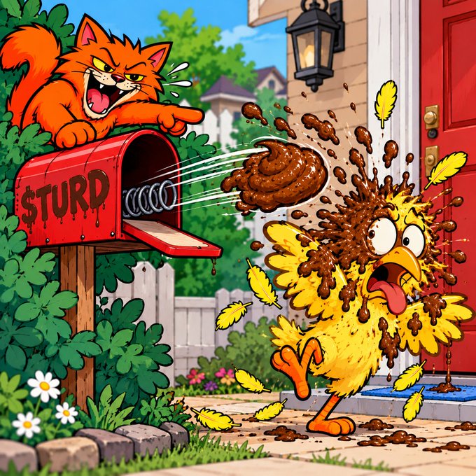 A cartoon cat launches brown sludge from a mailbox labeled "STURD" at a shocked yellow chick, splattering it with brown goop.