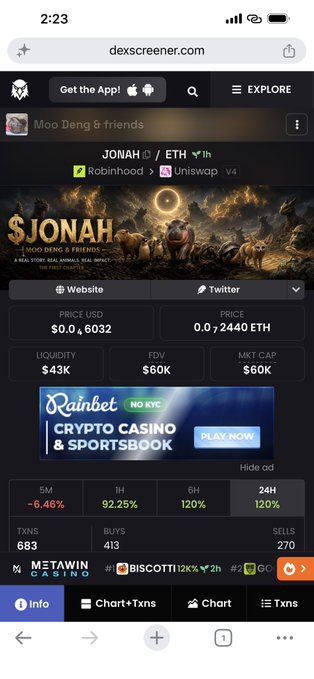 A dex screener mobile page displays the $JONAH token with a price of $0.0006032, liquidity of $43K, FDV of $60K, MKT CAP of $60K, and a 92.25% increase over 1 hour, alongside a 'Rainbet' crypto casino ad.