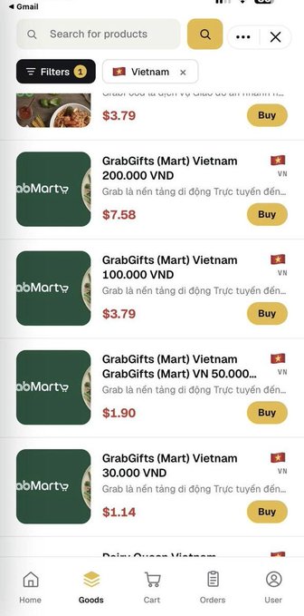 A Binance Pay goods marketplace screenshot showing purchasable GrabGifts (Mart) Vietnam vouchers in denominations ranging from 30,000 VND to 200,000 VND ($1.14–$7.58), illustrating the post's point that Binance Pay's merchant services, including gift cards and phone top-ups, have become available for Vietnamese users.