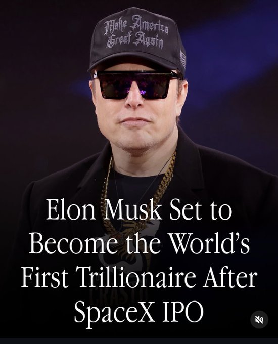 The image features a man wearing sunglasses, a hat, and a suit with a gold chain around his neck. He appears to be a well-known figure or celebrity. The caption of the image reads "Elon Musk Set to Become the World's First Trillionaire After SpaceX IPO". This suggests that the man in the picture is likely associated with one of these companies, and he might have achieved significant financial success as a result.

The post also mentions that the man has been described as "very cool" by some people. The image does not provide any specific information about the content or context of this description. It could be referring to his appearance, demeanor, or even his achievements in business and technology.