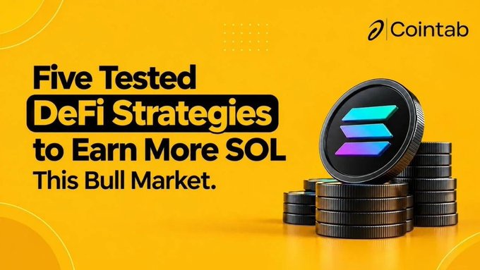 A promotional graphic with a yellow background from Cointab titled 'Five Tested DeFi Strategies to Earn More SOL This Bull Market', featuring stacks of coins with the Solana logo.
