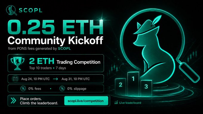 Promotional graphic for SCOPL announcing a '0.25 ETH Community Kickoff' with a 2 ETH trading competition running from August 24-31 at 0% fees and slippage.