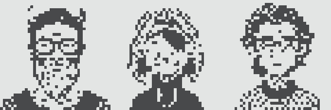 A pixel art image showing three black-and-white character busts side by side on a white background.