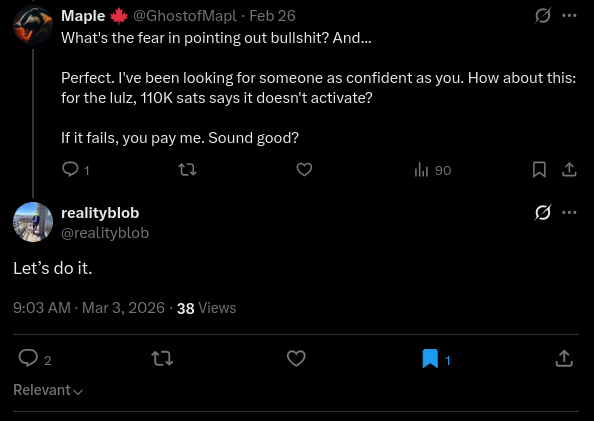 A screenshot of a Twitter/X exchange where user 'Maple' (@GhostofMapl) challenges another user with '10K sats says it doesn't activate? If it fails, you pay me,' and 'realityblob' responds 'Let's do it.'