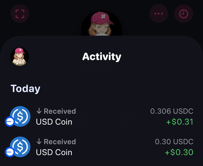 The image shows an app screen with a message that reads "Today Activity". There are two lines of text, one at the top left corner and another at the bottom right corner. The first line says "Today Activity" while the second line indicates that someone has received USDC coin. The post also mentions that there is a green update on the app's status bar.