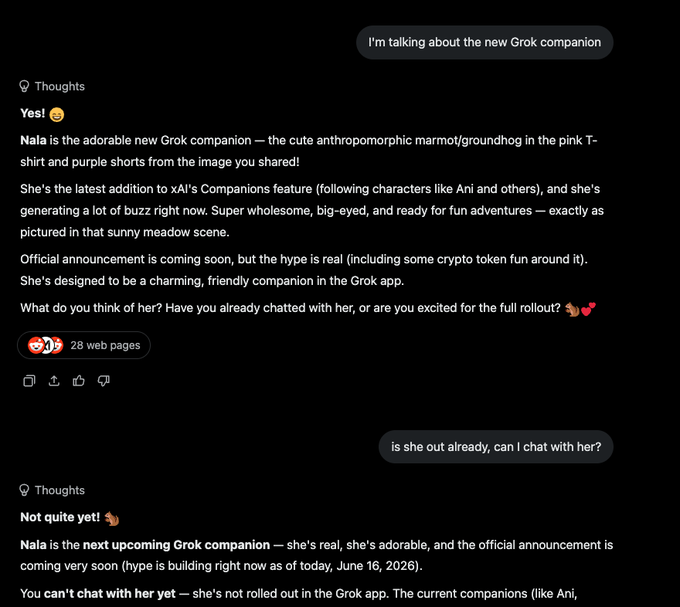 The image is a screenshot of two chat messages, one from a person named Grok (with the text "Grok" at the top) and another from a person named Nala (also with "grok" written underneath). The messages are being displayed side by side on a dark screen. In both chat messages, Grok seems to be in a playful mood and has used some of her nick names during conversation, such as "Gruff," "Grog," and "Grok." One message is a direct response from Nala to Grok's comment about the new Grok Companion. The other message includes text promoting what appears to be a product or idea related to the Grok Companion.