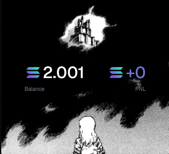 A crypto wallet or portfolio screen displaying a Solana balance of '2.001' and 'PNL +0', with an anime-style illustration of a castle and a character below.