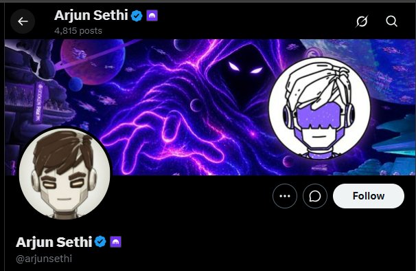 An Instagram-style social media profile for 'Arjun Sethi' (@arjunsethi) with a verified badge, showing 4,815 posts, an anime-style avatar, and a purple cosmic-themed banner with a hooded figure.