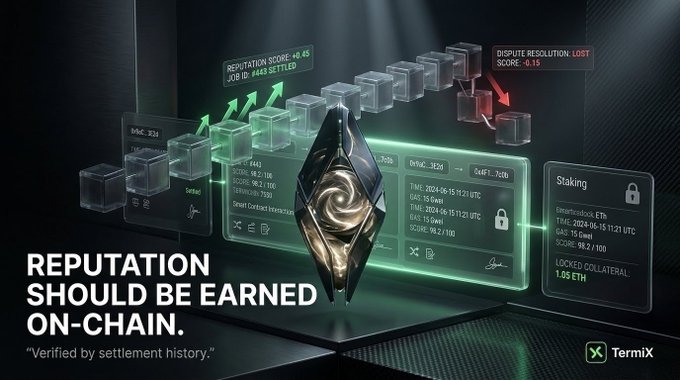A digital advertisement with the text 'REPUTATION SHOULD BE EARNED ON-CHAIN' and 'Verified by settlement history' featuring the TermiX logo and cryptocurrency data panels.