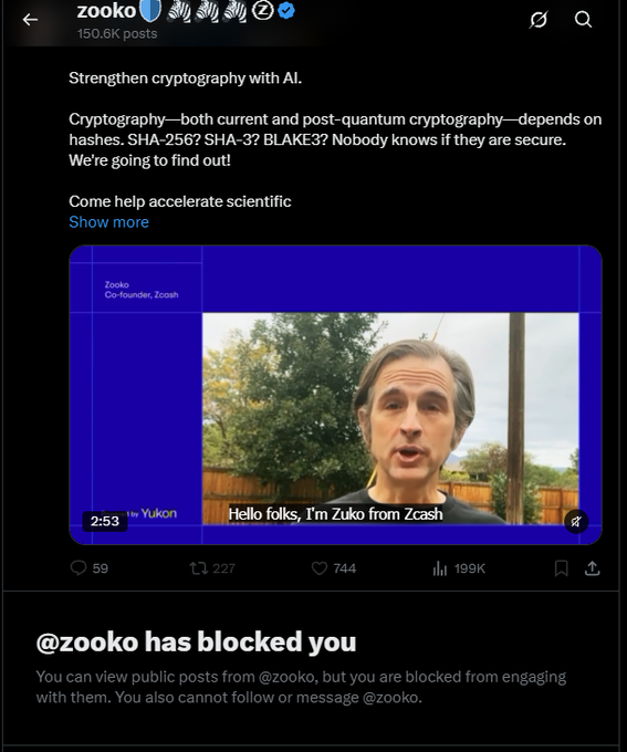 A screenshot of the @zooko social media profile showing a post about cryptography with AI and a video thumbnail of a man introducing himself as Zuko from Zcash, with a notification stating '@zooko has blocked you'.