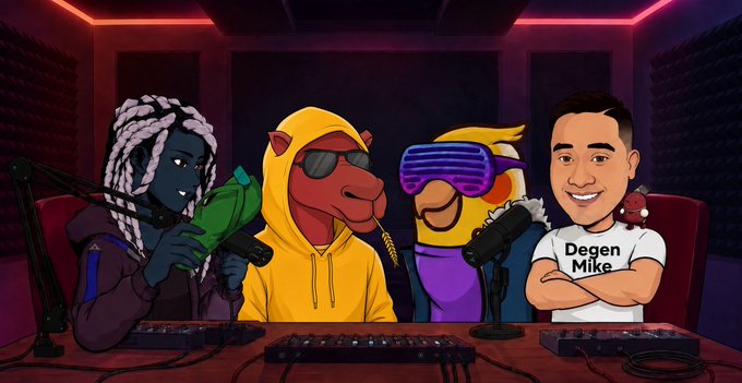 An illustrated cartoon panel titled "Degen Mike" depicts four characters, including anthropomorphic animals in hoodies, sitting around a table with microphones.