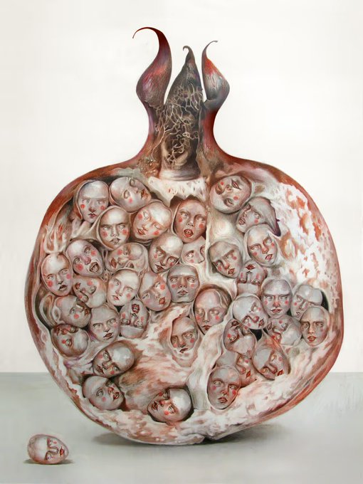 A surrealist painting of a pomegranate-like fruit with flame-like protrusions, filled with seeds shaped like small, distressed faces.