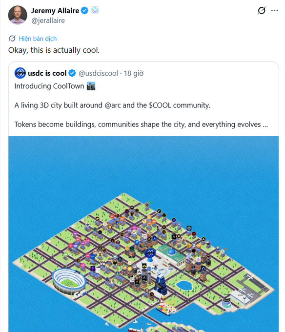 Jeremy Allaire (@jerallaire) quotes a post by @usdcisool announcing "CoolTown," a living 3D city built around @arc and the $COOL community where tokens become buildings and communities shape the city, and simply comments "Okay, this is actually cool." The image illustrates this concept by showing an isometric view of the virtual city with various structures built on a grid surrounded by water, visually demonstrating how tokens manifest as buildings in the Arc ecosystem that the accompanying post argues is strengthened by memecoins like $COOL.