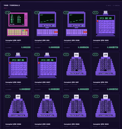 A stylized retro-futuristic interface titled "YOUR TERMINALS" displaying a grid of 12 purple/pink vintage computer terminals and keyboards, each labeled as "Corrupted GTHM" with various model numbers and numerical values.