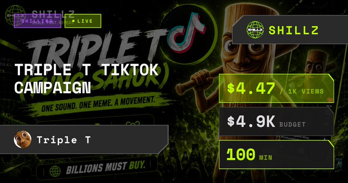 The image is a promotional graphic for a Triple T TikTok campaign by Shillz, featuring TikTok-themed design elements and showing campaign metrics including $4.47 per 1K views, a $4.9K budget, and 100 min duration, with text reading "Triple T TikTok Campaign - One Sound. One Meme. A Movement. Billions Must Buy."