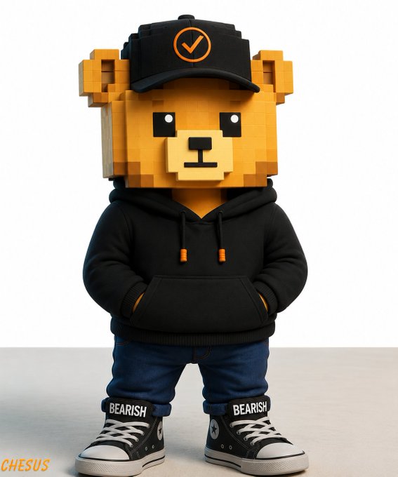 A 3D-rendered bear character with a Minecraft-style blocky orange head, wearing a black cap with a checkmark logo, a black hoodie, jeans, and Converse-style high-top sneakers labeled 'BEARISH'.