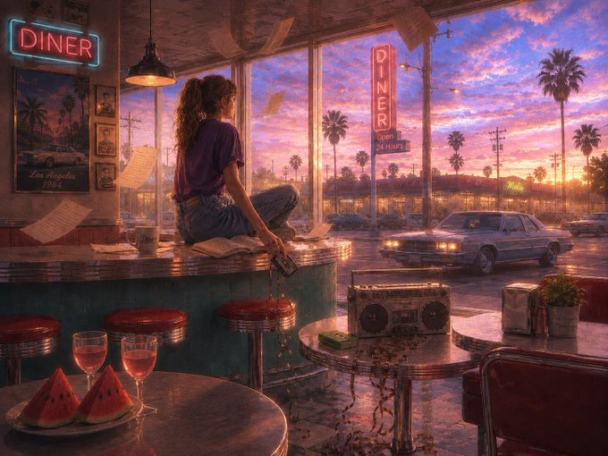 A young woman sits on a diner counter at sunset, gazing out the window at a vibrant purple-pink sky lined with palm trees, while a vintage car pulls up outside; visible signage includes "DINER," "Open 24 Hours," and a framed "Los Angeles 1984" poster.