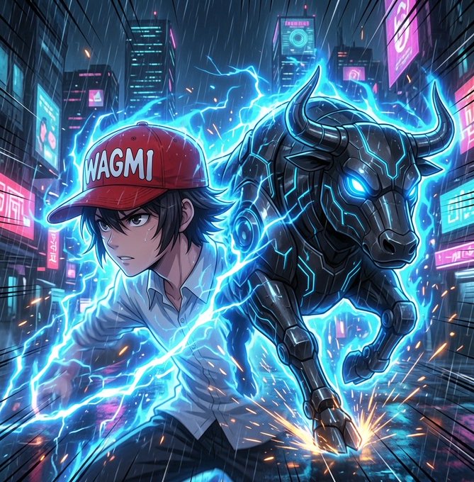 An anime-style character in a "WAGMI" hat stands beside a powerful, lightning-charged bull, symbolizing a bullish market for $ANSEM. This image visually represents the sentiment of exponential growth and success.