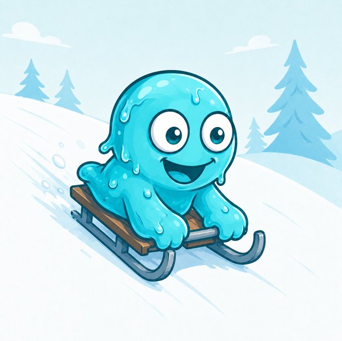 A cheerful, glossy blue slime-like character rides a wooden sled down a snowy hill with pine trees in the background, perfectly matching the "Frosti" branding and sledding theme of the memecoin launch announcement.