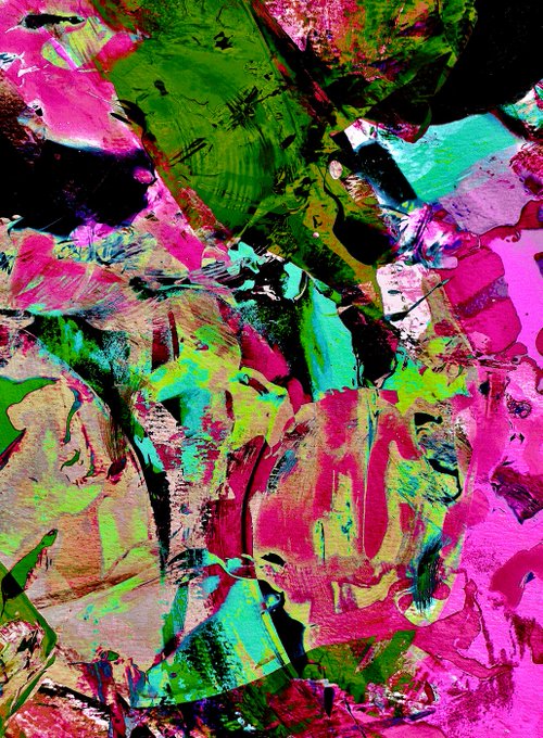 An abstract digital artwork or collage featuring chaotic brushstrokes and textures in vibrant shades of pink, green, black, and teal.