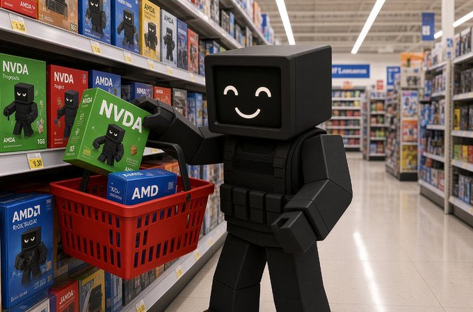 A blocky, computer-headed mascot figure with a smiling face holds a red shopping basket containing an "AMD" box and an "NVDA" box while browsing an aisle lined with more NVDA and AMD product boxes. The image humorously depicts the "Keeper" stocking up on $30,000 worth of NVDA and AMD stocks after NVDA dominated the votes in Epoch 3 of the challenge.
