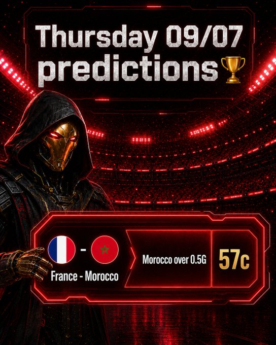 A promotional sports betting graphic titled 'Thursday 09/07 predictions' featuring a hooded cyborg figure in a stadium, showing a France vs Morocco match with the prediction 'Morocco over 0.5G' at 57c.