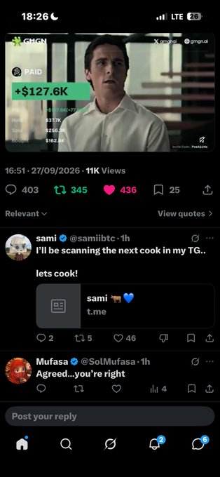 Mobile phone screenshot of a Twitter/X feed showing a video posted by @gnsi about a man with text '+$127.6K', followed by replies from users 'sami' (@samiibtc) and 'Mufasa' (@SolMufasa).