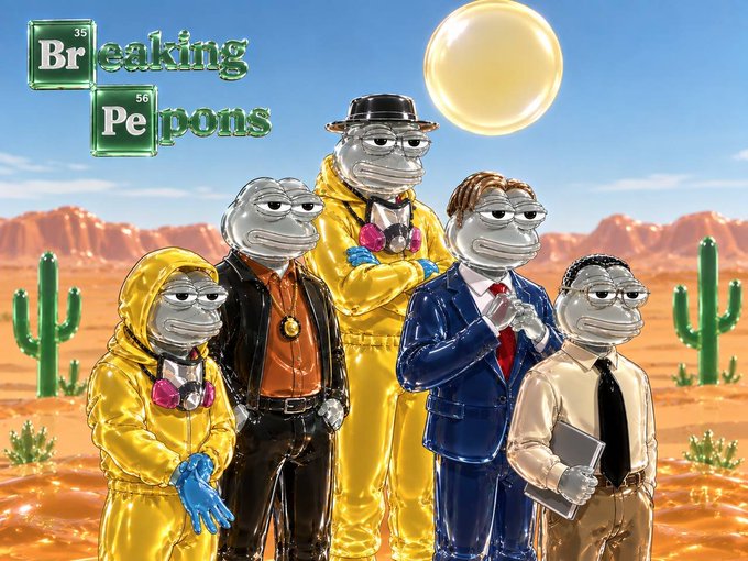 A parody image titled "Breaking Peppons" featuring five characters with Pepe the Frog heads dressed as the cast of Breaking Bad, standing in a desert landscape with cacti.