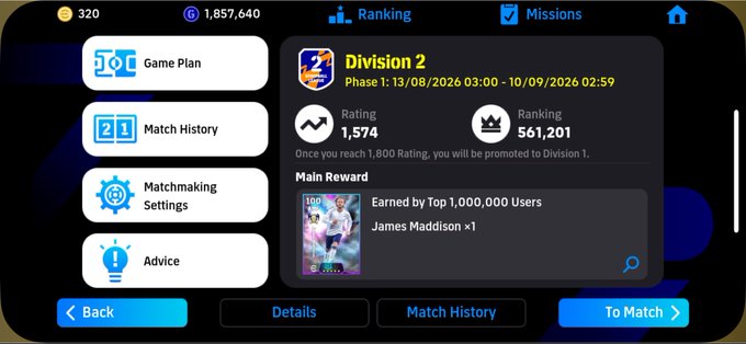 Mobile gaming interface showing Division 2 stats with a 1,574 Rating and 561,201 Ranking, featuring a reward card for 'James Maddison ×1' earned by top 1,000,000 users.