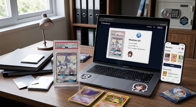 A desk setup featuring a laptop displaying a Mewtwo GX Pokémon card listing, alongside graded Pokémon cards, a phone showing a card marketplace app, and card supplies like toploaders.