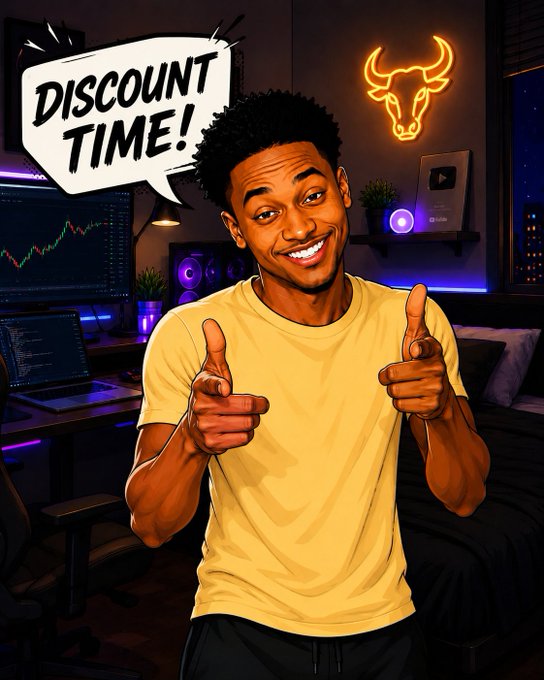 A cartoon-style illustration of a smiling young man in a yellow shirt pointing at the viewer with a 'DISCOUNT TIME!' speech bubble, set in a gaming/streaming room with a Red Bull neon sign.