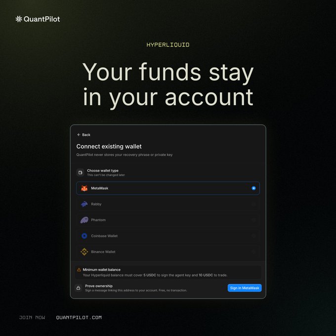 A dark QuantPilot promotional graphic reads “HYPERLIQUID” and “Your funds stay in your account,” with a mock wallet-connect panel listing MetaMask, Rabby, Phantom, Coinbase Wallet, and Binance Wallet; footer text includes “JOIN NOW” and “QUANTPILOT.COM.”