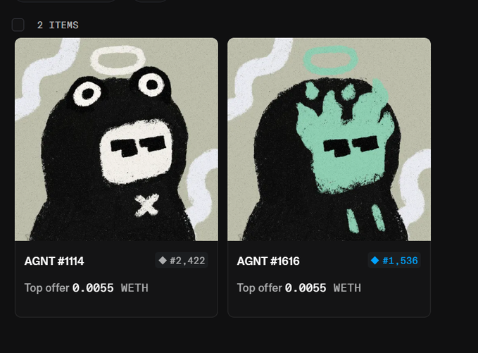 NFT marketplace listing showing two dark figure artworks titled AGNT #1114 (top offer 0.0055 WETH) and AGNT #1616 (top offer 0.0055 WETH).