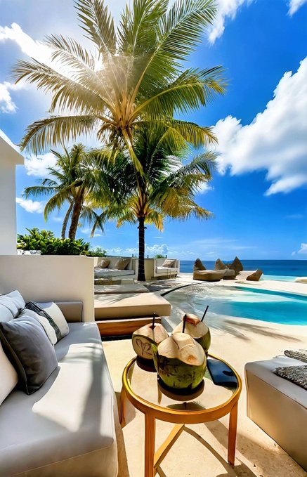 The image features an outdoor patio with white furniture, including a couch and chairs, under a palm tree. There are two drinks sitting on top of the table next to the couch, suggesting that someone has been enjoying their time outside. The scene is set against a backdrop of a pool area, indicating that this location could be a resort or beachfront property.

The image also includes text about "Good Afternoon Quantum computing is advancing. Building quantum-ready infrastructure is no longer a distant idea." and "Building quantum-ready infrastructure is no longer a distant idea," which may not have any direct connection to the outdoor setting but adds context to the overall atmosphere of the scene.