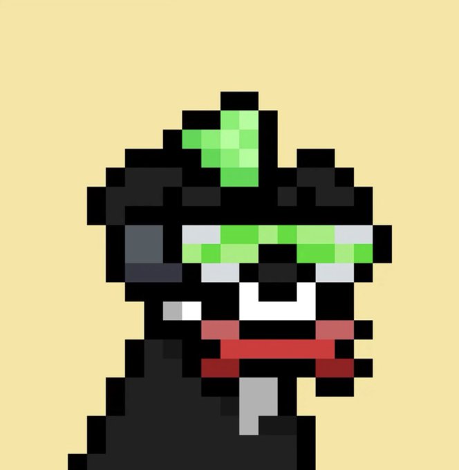 A pixel art character portrait on a tan background, depicting a figure with black hair, green glowing eyes, and red lipstick.