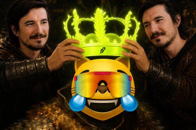 Two men in medieval attire hold a glowing green crown atop an emoji wearing rainbow sunglasses, set against a dark, magical background.