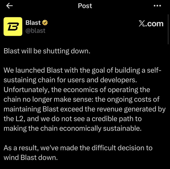 A screenshot of a post from Blast (@blast) on X.com announcing that Blast will be shutting down due to unsustainable economics of operating the L2 chain.