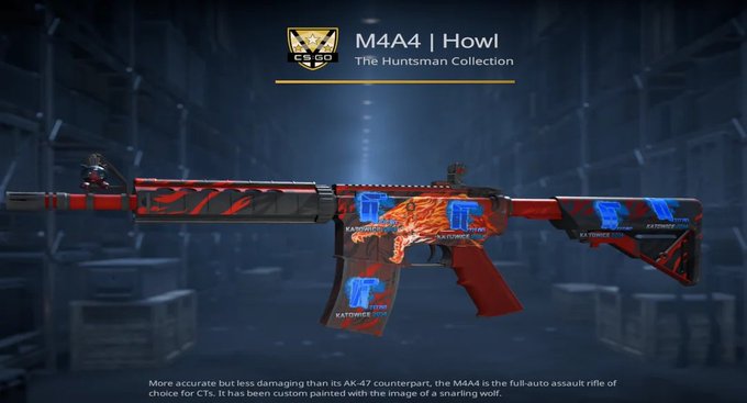 A video game showcase screen for an M4A4 | Howl skin from The Huntsman Collection, featuring a snarling wolf painted on the assault rifle.