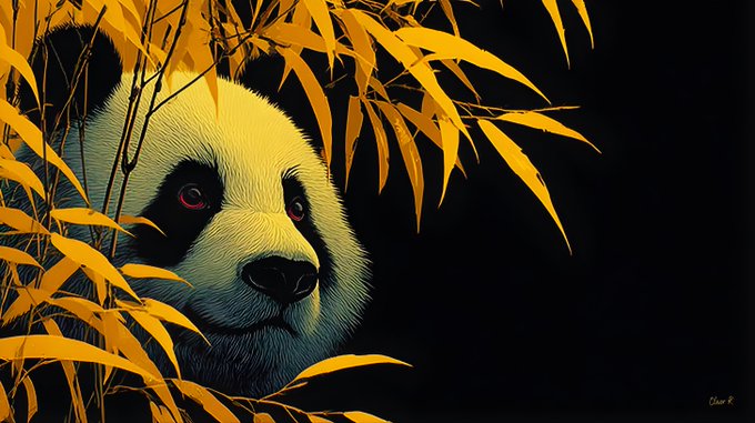 A digital painting of a panda's face partially obscured by golden bamboo leaves against a dark background, signed 'Chloe R'.