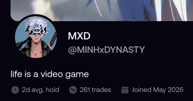 The image shows a social media profile for "MXD" (@MINHxDYNASTY) featuring a pixel-art avatar of a character with white hair, a patterned headband, and a sword on their back. The bio reads "life is a video game," and account stats display a 2-day average hold time, 261 trades, and a join date of May 2026. The pixelated, anime-inspired profile picture ties into the post's "new pfp" theme, reflecting a gaming/anime aesthetic that aligns with the "video game" bio quote.