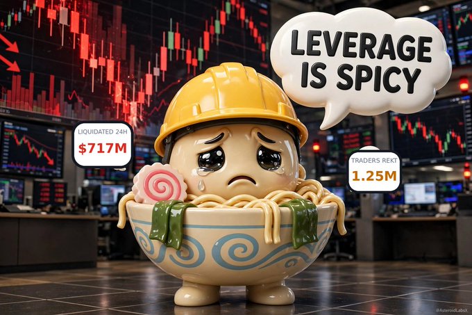 A meme featuring a sad figurine character wearing a yellow hard hat, sitting in a bowl of noodles, with the speech bubble 'LEVERAGE IS SPICY,' and graphics showing $717M liquidated in 24 hours and 1.25M traders 'rekt' against a backdrop of red trading charts.