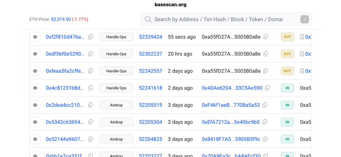 A screenshot of basescan.org showing recent transactions with ETH price at $2,519.50 (-1.77%), listing multiple transactions labeled 'Handle Ops' and 'Airdrop' with addresses like 0xf2f810d476a... and 0xdf56f0e5290..., tagged as OUT or IN transfers.