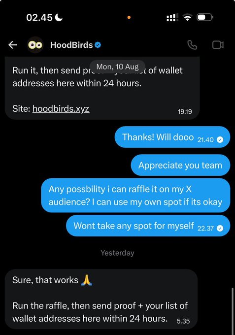 A Telegram conversation screenshot showing a user coordinating with the HoodBirds (hoodbirds.xyz) team, who asks them to run a raffle and send proof plus wallet addresses within 24 hours, while the user offers to use their own spot without taking one. The exchange relates to the post by confirming a winner who will conduct a raffle on their X audience to select 2 whitelist winners for the free mint.